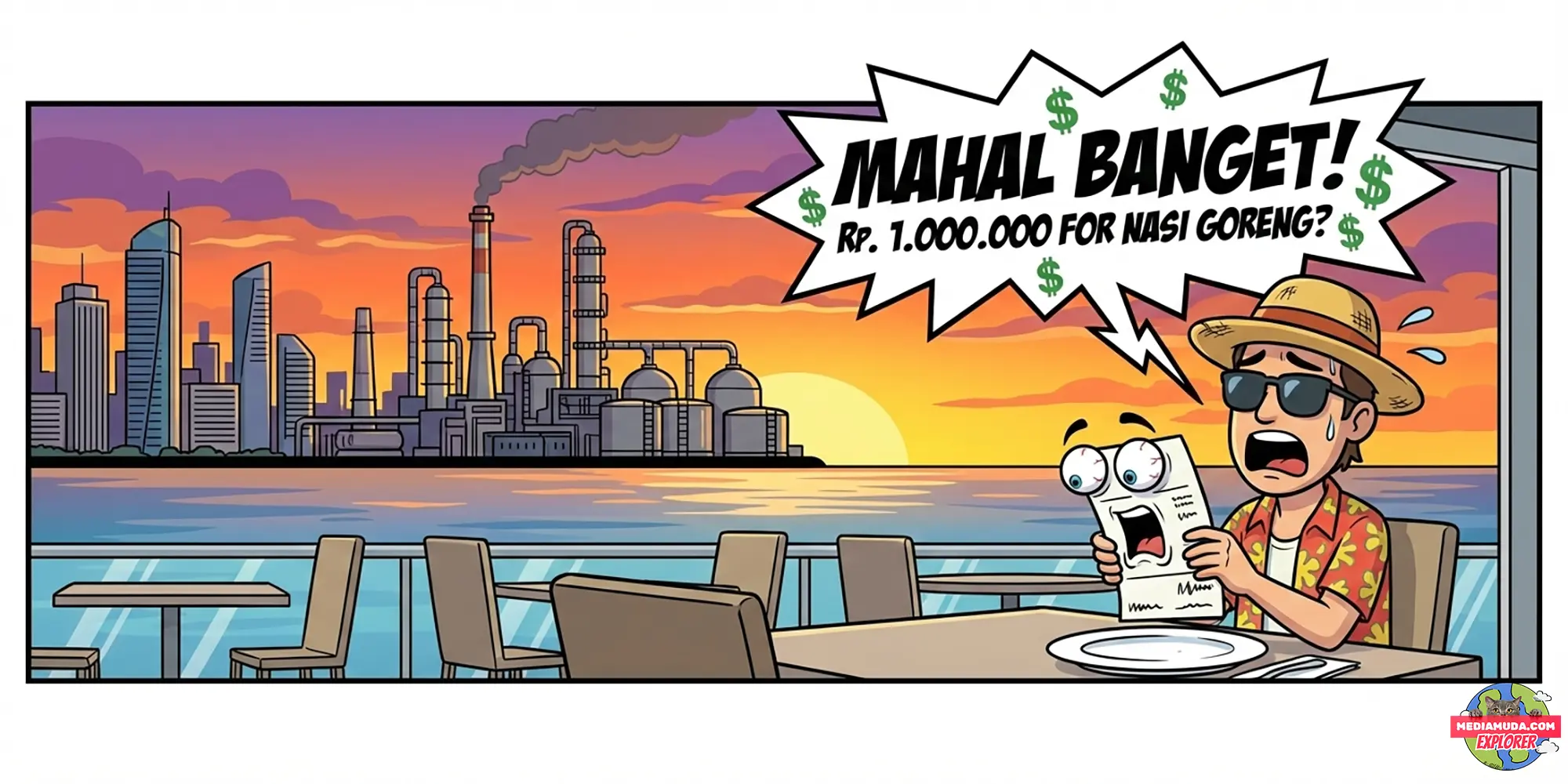Kartun lucu pemandangan kilang minyak balikpapan dan orang kaget lihat harga makanan mahal