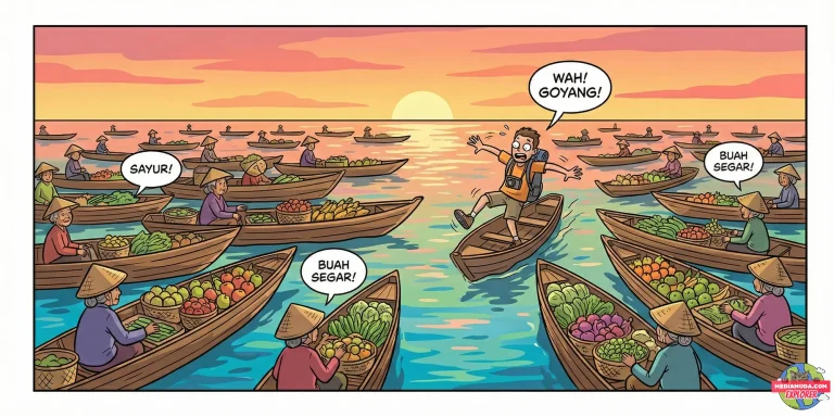 Kartun lucu pasar terapung banjarmasin ibu-ibu jualan di perahu