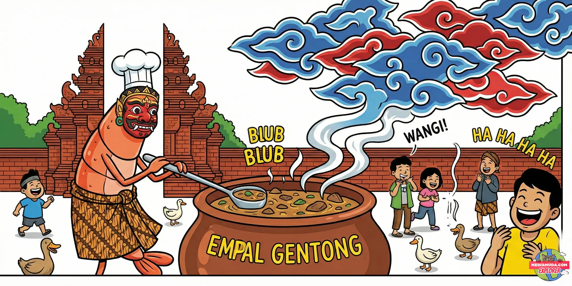 Kartun lucu udang raksasa pakai blangkon dan empal gentong cirebon