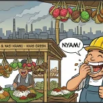 Kartun lucu kue pudak dan nasi krawu dengan latar pabrik semen gresik