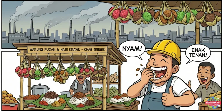 Kartun lucu kue pudak dan nasi krawu dengan latar pabrik semen gresik