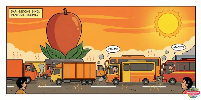 Kartun lucu tugu mangga indramayu di tengah jalur pantura yang panas
