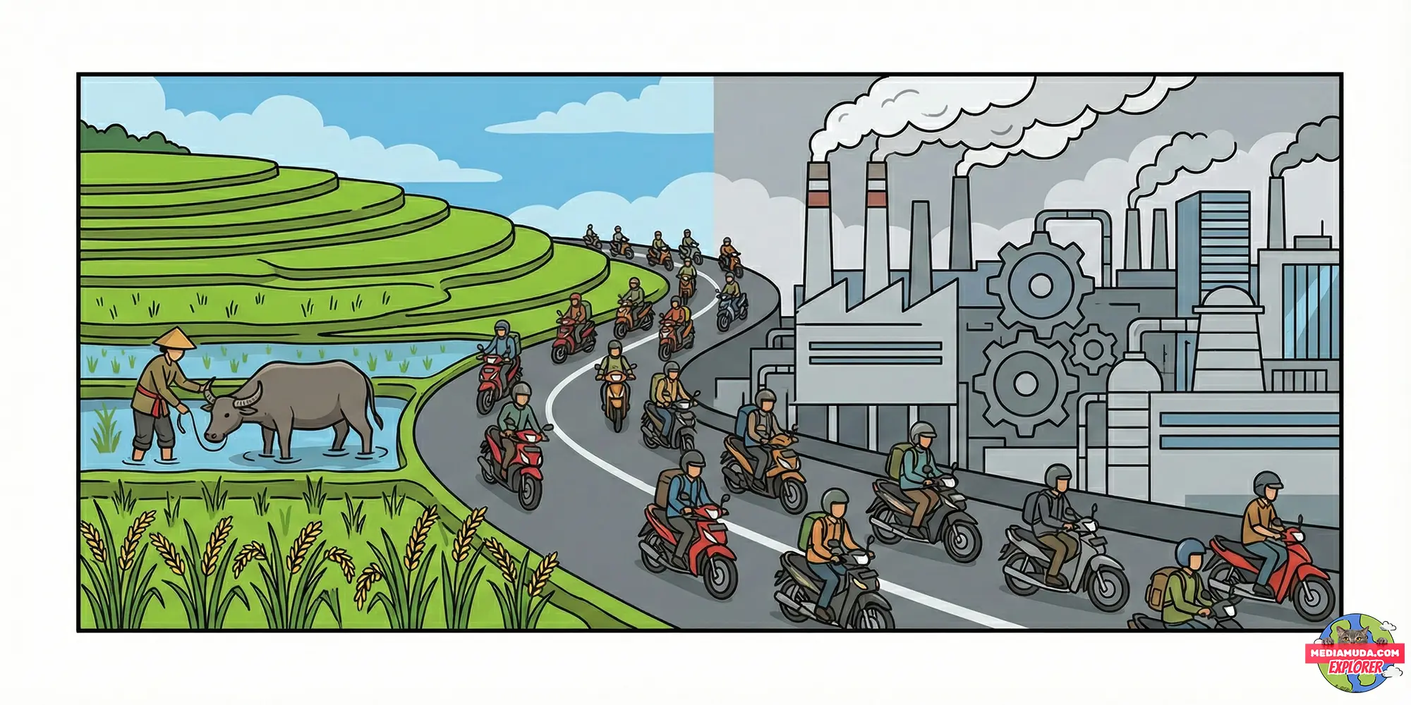 Kartun lucu perbandingan sawah padi dan pabrik industri di karawang