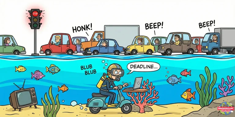 Kartun lucu orang naik motor di dalam air umbul ponggok klaten