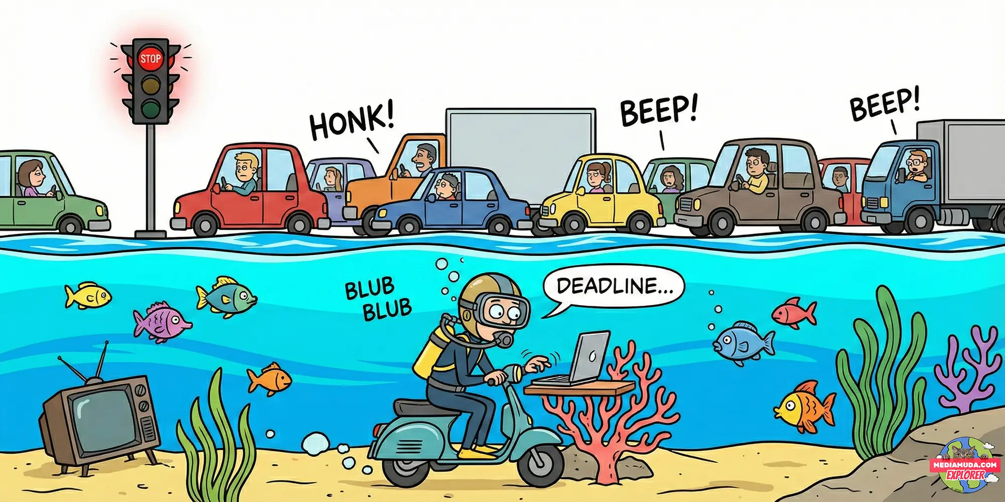 Kartun lucu orang naik motor di dalam air umbul ponggok klaten