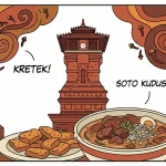 Kartun lucu menara kudus dan soto kerbau daging unik