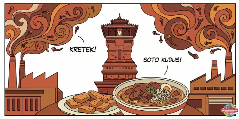 Kartun lucu menara kudus dan soto kerbau daging unik