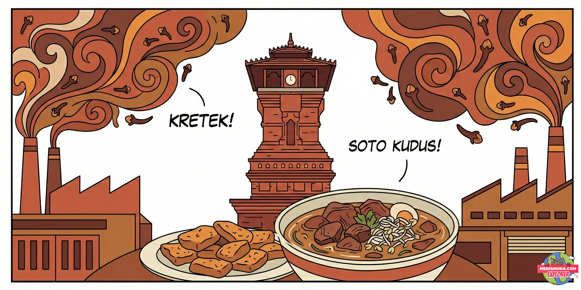 Kartun lucu menara kudus dan soto kerbau daging unik