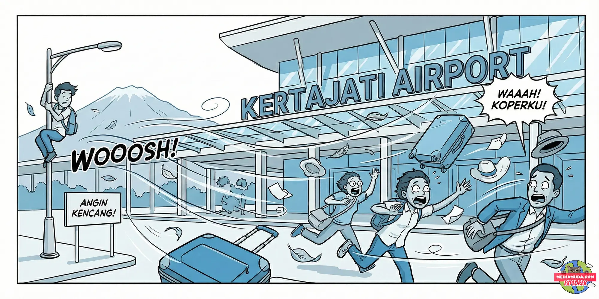 Kartun lucu orang tertiup angin kencang di bandara kertajati majalengka