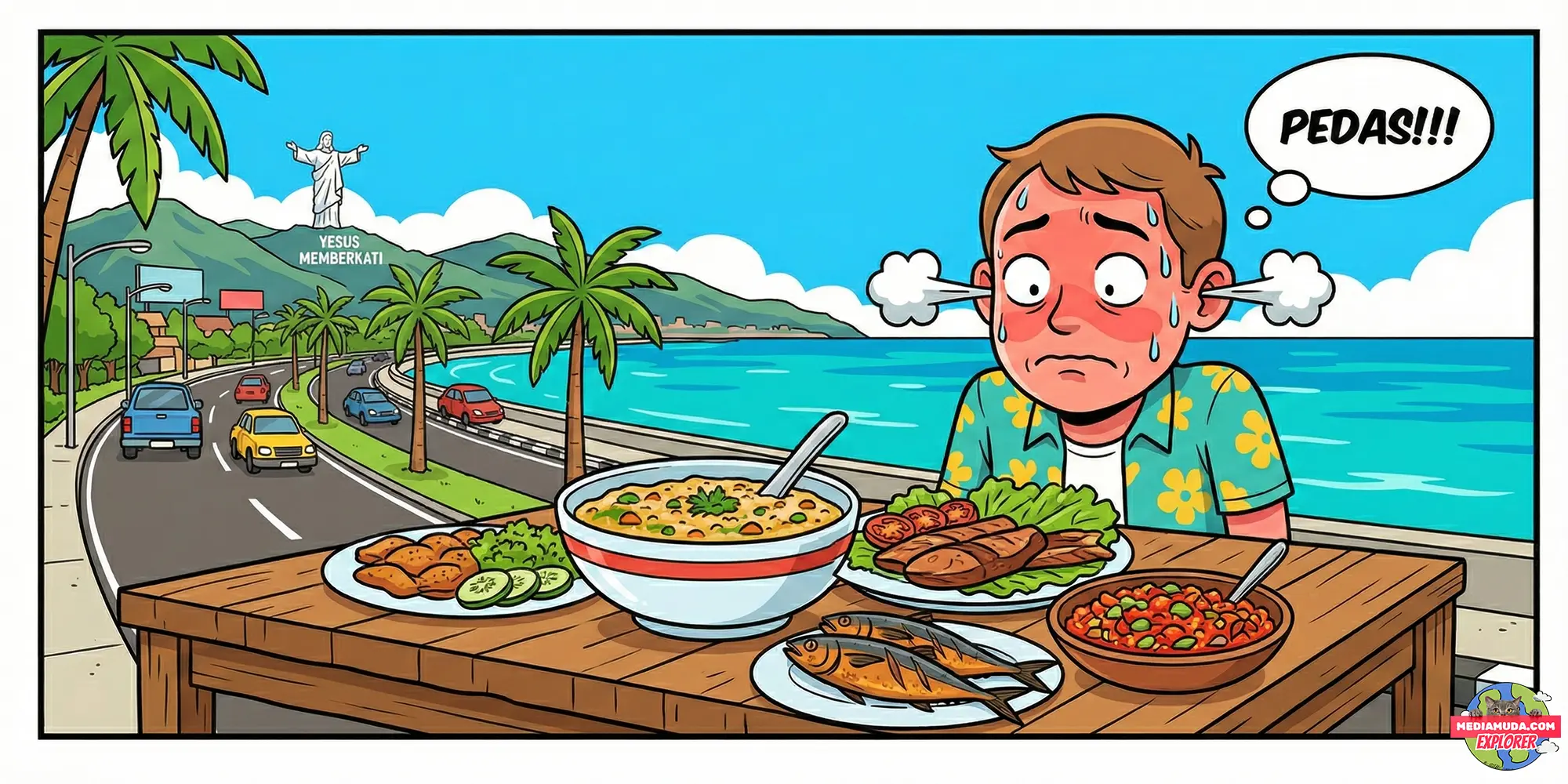 Kartun lucu orang kepedasan makan bubur tinutuan manado di pantai bunaken