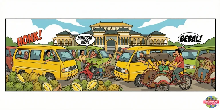 Kartun lucu kemacetan lalu lintas medan dan tumpukan durian