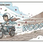 Kartun lucu orang naik motor tertiup angin kencang di nganjuk dan bawang merah terbang