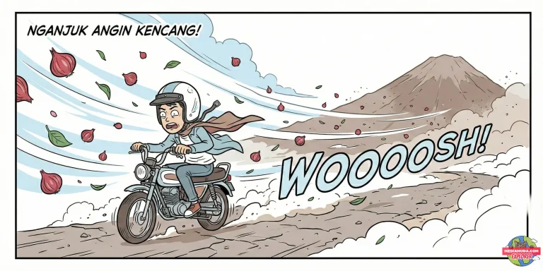 Kartun lucu orang naik motor tertiup angin kencang di nganjuk dan bawang merah terbang