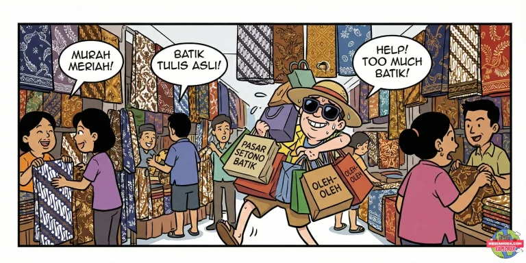 Kartun lucu orang belanja batik banyak sekali di pasar setono pekalongan