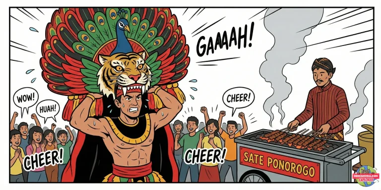 Kartun lucu penari reog mengangkat topeng dadak merak pakai gigi