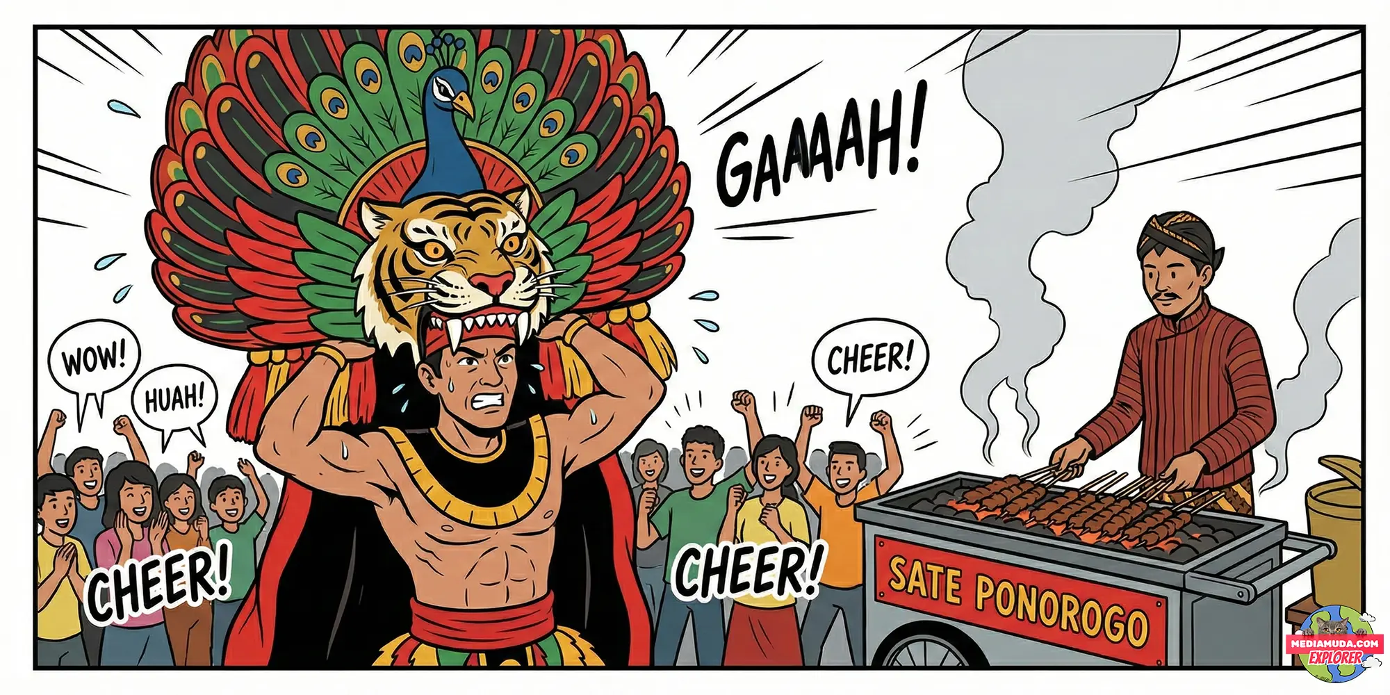 Kartun lucu penari reog mengangkat topeng dadak merak pakai gigi