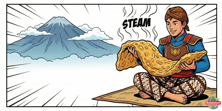 Kartun lucu karakter ksatria jawa makan mendoan di purwokerto