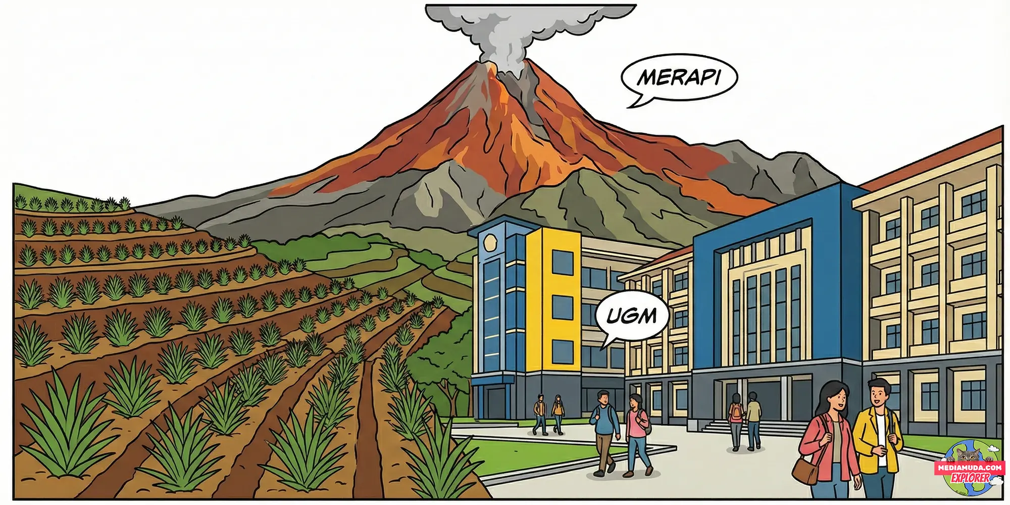 Kartun lucu gunung merapi meletus kecil dan buah salak pondoh sleman
