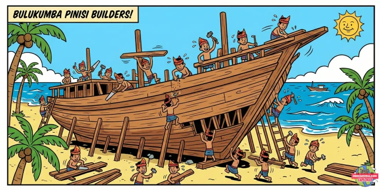 Kartun lucu pembuat perahu pinisi di bulukumba sedang bekerja