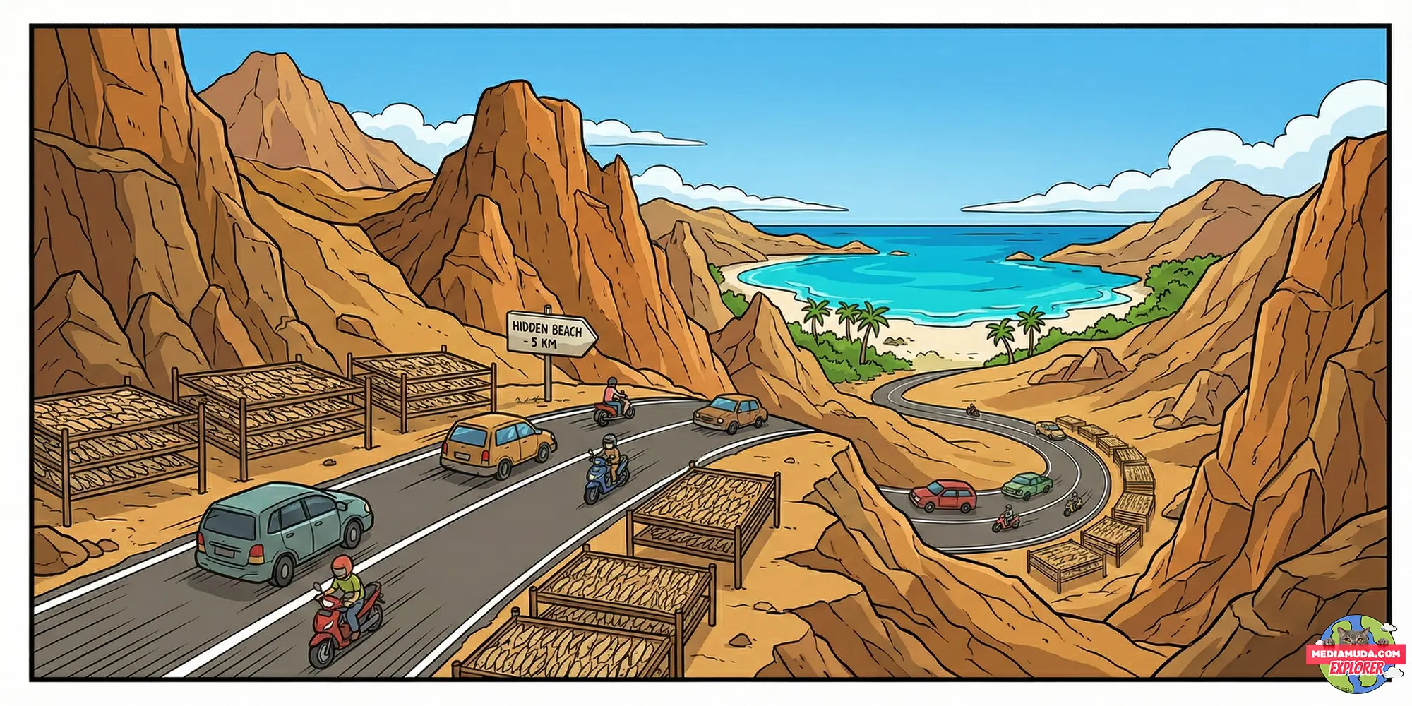 Kartun lucu jalan berkelok menuju pantai gunungkidul dan makanan gaplek tiwul