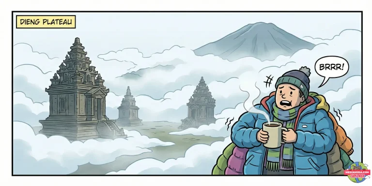 Kartun lucu turis kedinginan di candi dieng wonosobo makan mie ongklok