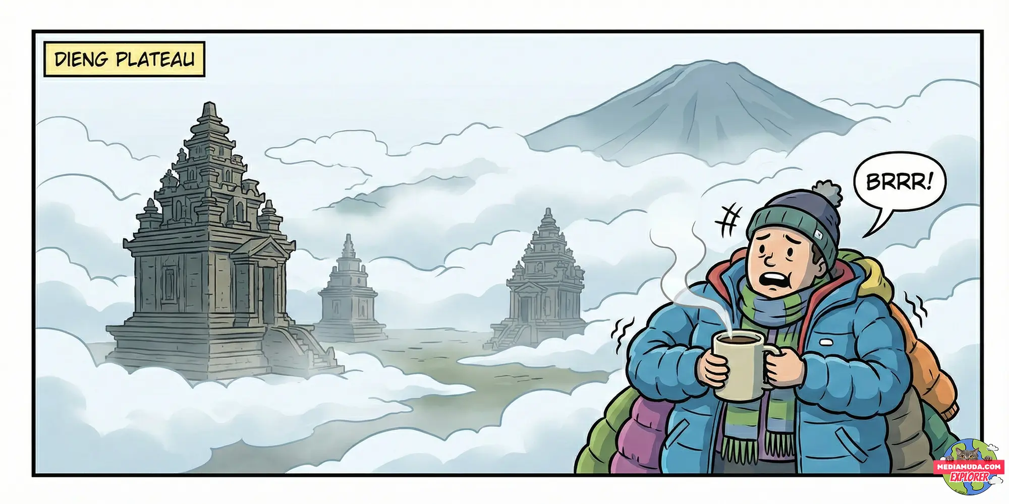 Kartun lucu turis kedinginan di candi dieng wonosobo makan mie ongklok