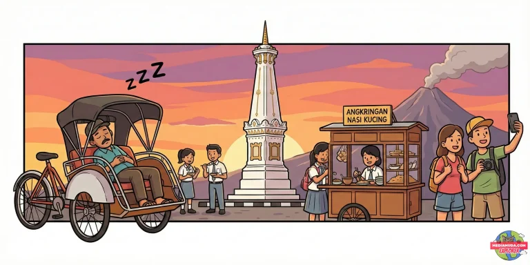 Kartun lucu tugu jogja dan suasana angkringan ramai